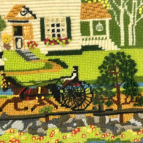 Framed 1981 Folk Art Needlepoint Horse Buggy Country Scene Signed 22.5"x19" Vtg - Picture 10 of 16